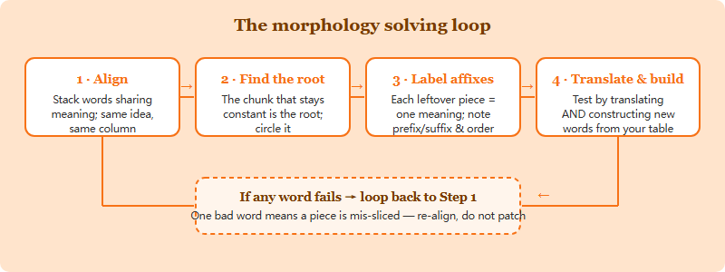 Four-step morphology solving loop: align the forms by shared meaning, isolate the constant root, label each affix with one meaning, then translate and construct words to test, looping back if any word fails