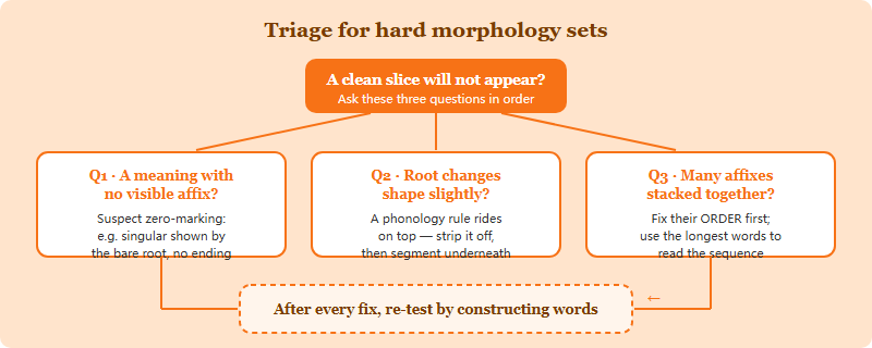Decision tree for hard morphology: if a meaning seems to have no affix, suspect a zero-marked form; if a root changes shape, suspect a phonology rule on top; if affixes stack deeply, fix their order first; re-test by constructing words after each fix