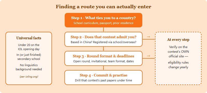 Decision flow for choosing an IOL qualifying route: start by checking your school nationality and passport; check whether a contest accepts students based in China or registered overseas; check the round structure and deadlines; then commit and practise; at every branch the rule is verify on the official site