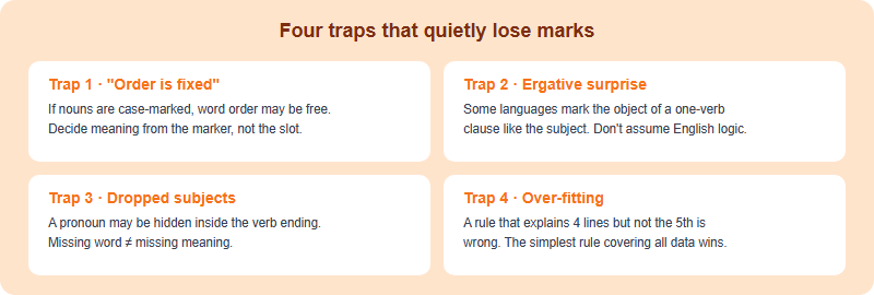 Four common syntax-problem traps and the fixes: free word order, ergativity, null subjects, and over-fitting