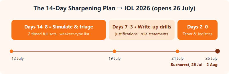 Timeline of the 14-day plan: days 14 to 8 simulation and triage, days 7 to 3 write-up drills, days 2 to 0 taper, ending at IOL 2026 opening 26 July