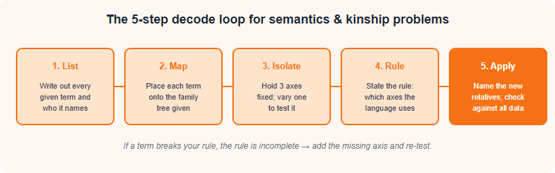 Five-step method for IOL semantics and kinship problems: list the terms, map to the tree, isolate one axis, find the rule, then apply to new relatives