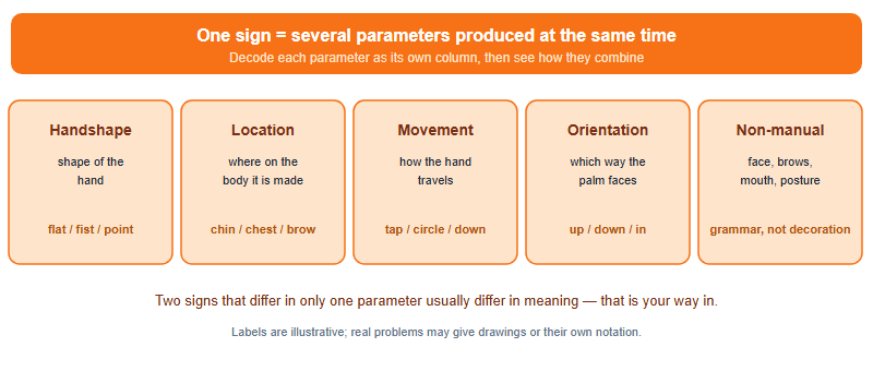 The five parameters that make up a single sign: handshape, location, movement, orientation and non-manual markers