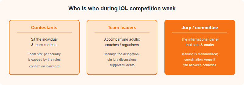 The three roles in an IOL delegation: contestants who sit the problems, team leaders who manage and support the delegation, and the international jury who set and mark the problems fairly across countries