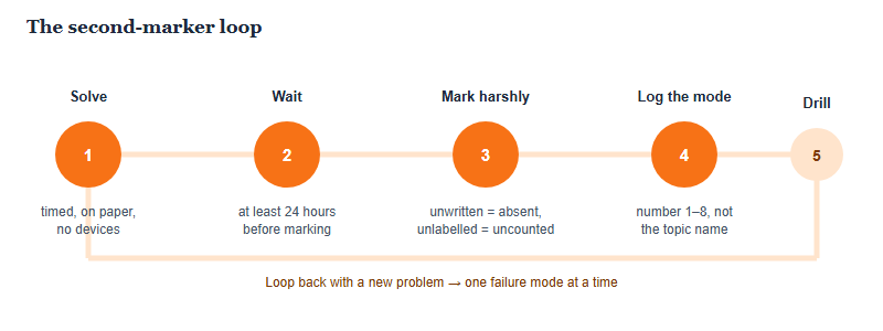 Five-step self-marking loop: solve timed on paper, wait a day, mark as a hostile stranger, log the failure mode number, drill that specific mode, then return to a new problem